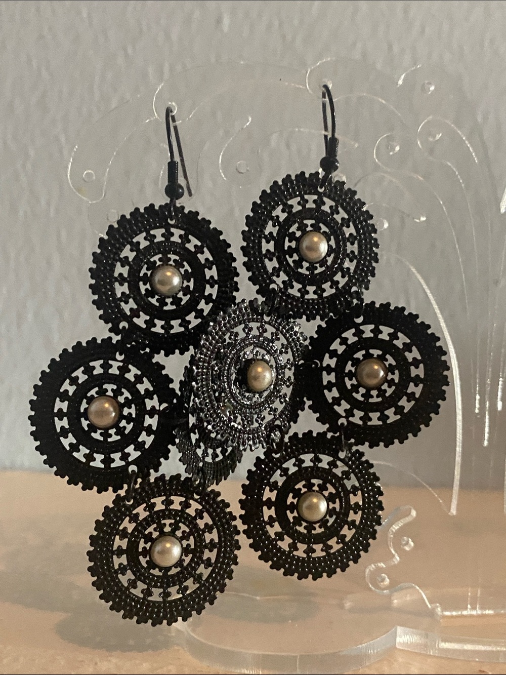 Black Filigree Multi-Circle Drop Earrings with Pearl Accents Vintage 80’s Y2K